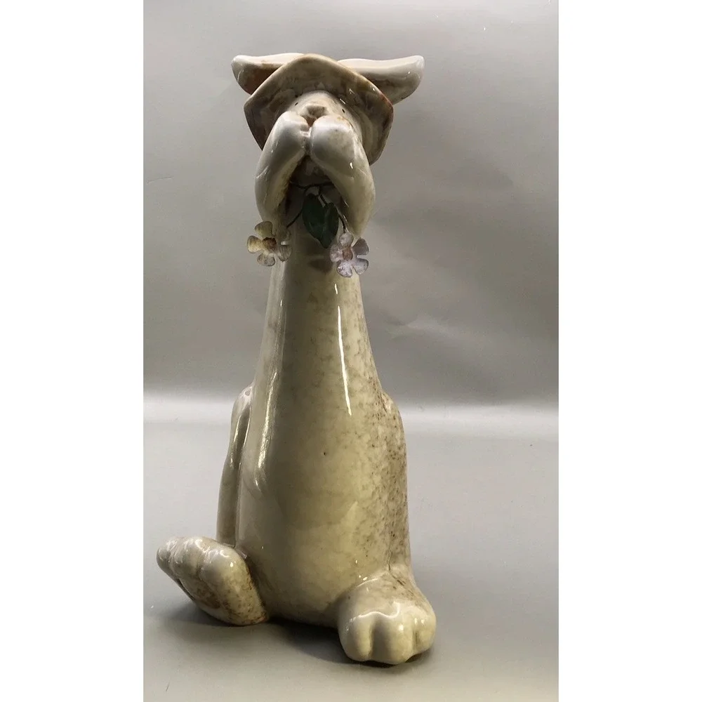 Stoneware Pottery Bunny Rabbit Figurine Wearing A Hat - Natural Color - 10